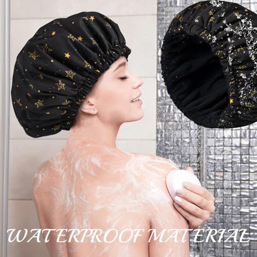 Shower Cap for Women Terry Lined Bath Cap Large Reusable Waterproof Elastic Band Black Star Shower Caps for Long Thick Hair Soft Bath Shower Hair Caps - color: Black/Gold Star