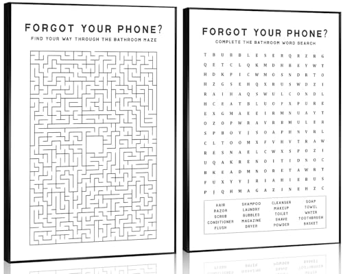 Laylwhq Funny Bathroom Wall Art, Black and White, 12x16in, 2 Pcs | Forgot Your Phone Sign, Crossword Puzzle Pictures, Canvas Wall Decor, Unframed, Restroom Home Decorations - color: black and white, size: 12"Wx16"Hx2