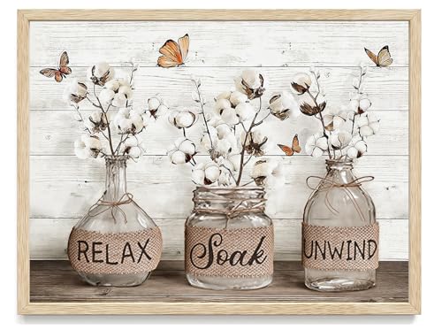 KISSFOX Framed Wall Art Bathroom Wall Decor Farmhouse Pictures Relax Soak Unwind Canvas Art Neutral Inspirational Quotes Paintings Artwork For Restroom - color: Vase-Cotton, size: 12x16 in
