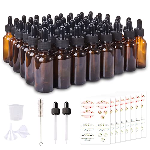 48 Pack 1oz Amber Glass Bottles with Glass Eye Droppers for Essential Oils, Perfumes & Lab Chemicals (Brush, Funnels, 2 Extra Droppers, 54 Pieces Labels & 30ml Measuring Cup Included) - color: Amber-48pack