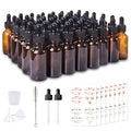 48 Pack 1oz Amber Glass Bottles with Glass Eye Droppers for Essential Oils, Perfumes & Lab Chemicals (Brush, Funnels, 2 Extra Droppers, 54 Pieces Labels & 30ml Measuring Cup Included) - color: Amber-48pack