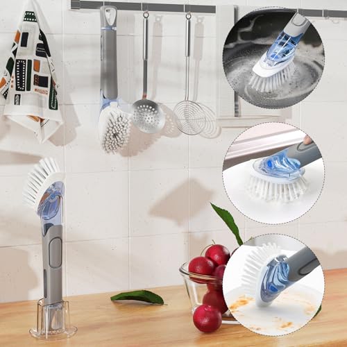 Soap Dispensing Replacement Dish Brush Storage Set with 2 PCS Brush Refills & Holder - RIMAY Dispenser Scrub Cleaning Scrubber Kitchen Dishwashing Dish Wand Handle for Dishes/Pans/Pots/Sink(Grey) - color: Gray