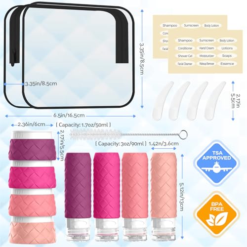 16 Pack Travel Bottles for Toiletries, TSA Approved Travel Size Toiletries Containers Set BPA-Free Silicone Leak Proof Refillable Bottles Stackable Creams Jars Accessories Kit W/Clear Bag Purplish Red - color: Purplish Red