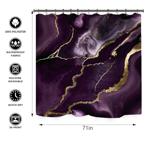 NEWSUYAA Dark Purple Marble Shower Curtain with Bath Rugs Bathroom Sets, 4 Pcs Marble Patterns with Gold Lines Bath Décor Includes Toilet Seat Cover U-Shape Mat Absorbent Carpets, - color: Dark Purple