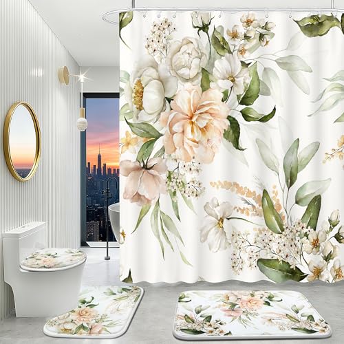 16 pcs Premium Floral Bathroom Set with Rugs and Shower Curtains,Flower high Absorbent Non-Slip Bath Mat and Shower Curtain Sets,Heavy-Weight 120gsm Bathroom Curtain with 12pcs Metal Hooks - color: Flower a