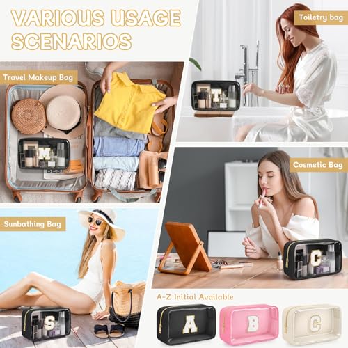 Initial Clear Makeup Bag, Birthday Gift Preppy Chenille Patch Cosmetic Bag, Initial Travel Essentials Beach Toiletry Pouch, Ideal Gift for Teachers & Moms, Women and Girls (Black, A) - color: Black, style: A