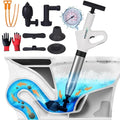 High-Pressure Toilet Plunger with Pressure Gauge, Manual Air Drain Blaster with 4 Attachments, 2 Hair Clog Removers and Reusable Gloves, Unclogs Toilet Shower Bathroom Drains
