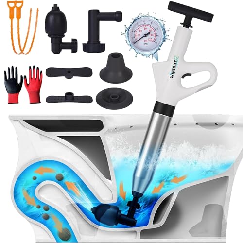 High-Pressure Toilet Plunger with Pressure Gauge, Manual Air Drain Blaster with 4 Attachments, 2 Hair Clog Removers and Reusable Gloves, Unclogs Toilet Shower Bathroom Drains