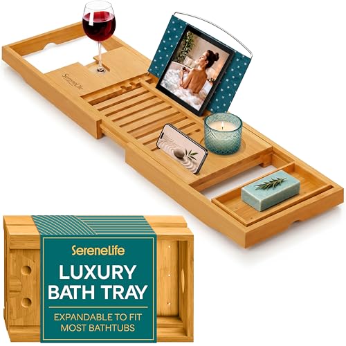 SereneLife Luxury Bamboo Bathtub Caddy Tray - Adjustable Natural Wood Bath Tub Organizer with Wine Holder, Cup Placement, Soap Dish, Book Space & Phone Slot for Spa, Bathroom & Shower - SLBCAD20 - color: Natural