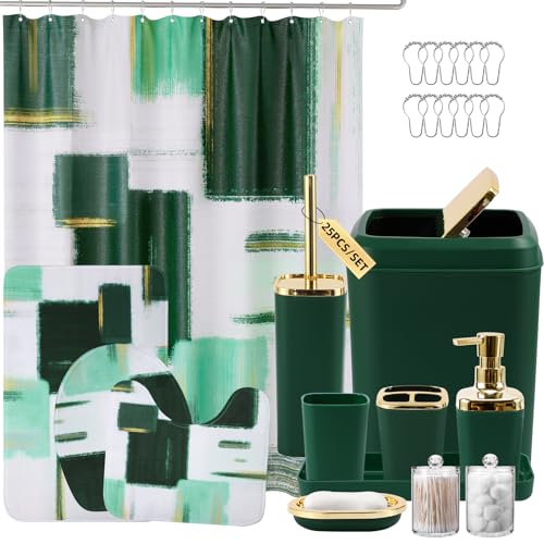 XLHOMO Bathroom Set - Dark Green and Gold Bathroom Accessories Set, Bathroom Sets with Shower Curtain and Rugs, Green Shower Curtain Set with Bathroom Trash Can, Soap Dispenser, Soap Dish for Home - color: Plaid Green & Gold, size: Complete Set + Bath Rug