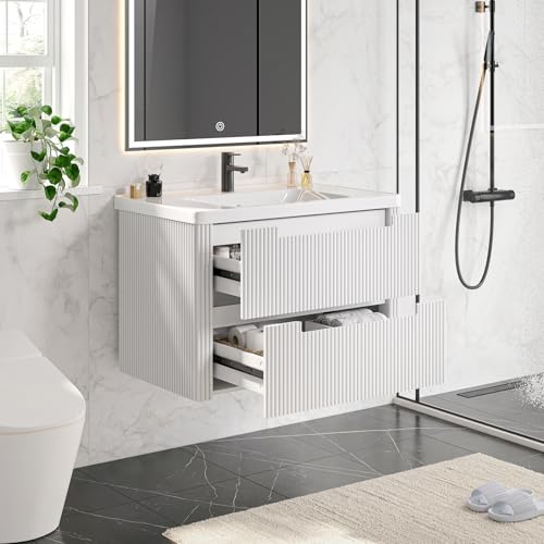 ONBRILL Modern Bathroom Vanity with Sink Combo, Curved Floating Bath Vanity with 2 Drawers, Wall Mount Bathroom Vanities with Integrated Ceramic Sink for Small Space, Apartment (White, 32“) - color: White, size: 32“
