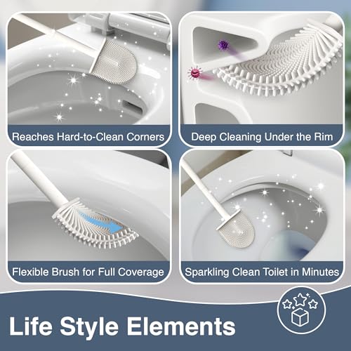 2 Pack Silicone Toilet Brushes & Holders– Includes 2 Crevice Brushes for Bathroom, Long Non-Slip Handle – Durable Bathroom Cleaning Set. - size: Pack of 2