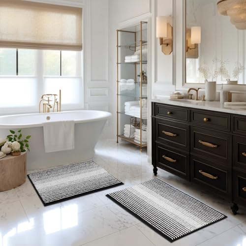 BSICPRO Bathroom Rugs and Mats Sets, 2 Piece Thick Absorbent Chenille Bath Mat Set Non Slip, Soft Shaggy Bath Room Floor Mats , Machine Washable (20" x 32" Plus 16" x 24", Black) - color: Black, size: 20" x 32" Plus 16" x 24"