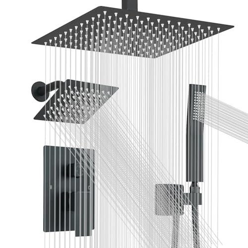 Shower Faucet Matte Black Shower System with 12" Celing+6" Wall Dual Rain Shower Head with Handheld Spray,Bathroom Luxury Brass Shower Valve with Shower Diverter Kit Shower Faucet Set Complete - color: Matte Black, size: Matte Black-12+6"
