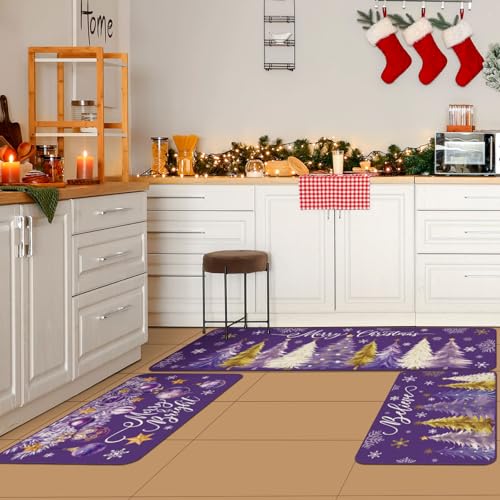 Drydiet 3 Pcs Purple Christmas Kitchen Rug and Mat Set Washable Purple Xmas Tree Kitchen Floor Mats Waterproof Non Slip Farmhouse Merry Christmas Doormat Holiday Xmas Decor for Home Office Bathroom - color: Purple, style: Christmas Tree