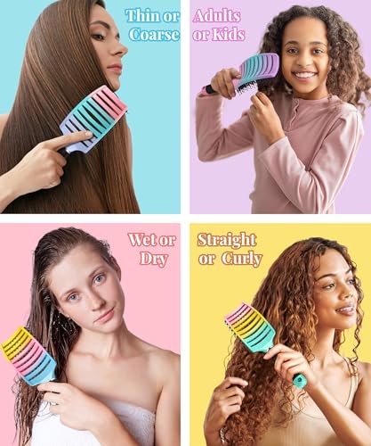 KTKUDY Detangling Brush Boar Bristles Hairbrush Make Hair Shiny & Healthier Curved and Vented Detangler Brush for Women Men Kids Wet & Dry Hair - color: Purple-Green-Pink Gradient