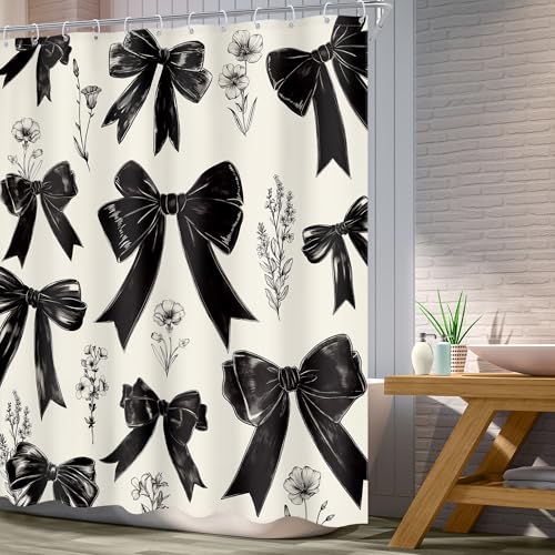 Black Bow Shower Curtain Girls Vintage Coquette Bowknot Floral Wildflower Retro Girly Fashion Elegant Plant 60Wx72L Inch Bathroom Set Aesthetic Bath Curtain Bathtub Accessories Home Decor - color: A 01black, size: 60"W x 72"L (Pack of 1)