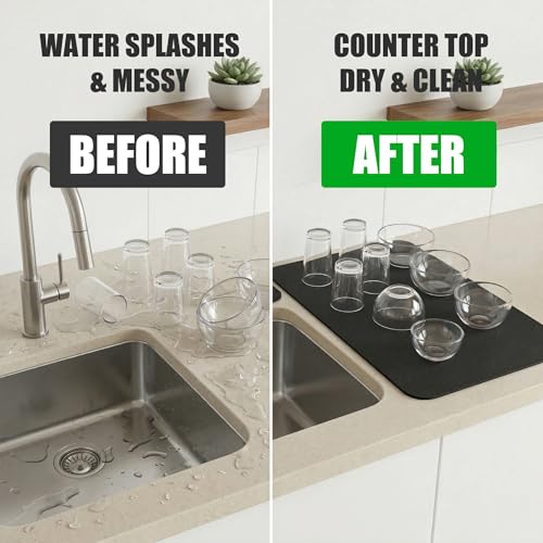 Customizable 24x5.5 Kitchen Sink Faucet Mat & 24x16 Dish Drying Mat Set | Absorbent Microfiber Splash Guard Trimmable to Fit 2 & 3 Holes Faucet & Soap Dispenser - Cuttable Counter Protector