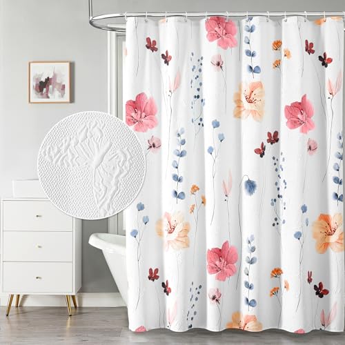 QiyI Watercolor Floral Shower Curtain, 3D Embossed Butterflies Peach Pink Flower Bathroom Curtain, Minimalist White Cloth Bath Curtain, Waterproof Fabric Textured Shower Curtain Set with Hooks, 72x72 - color: Blush Peach, size: 72"W x 72"L (Pack of 1)