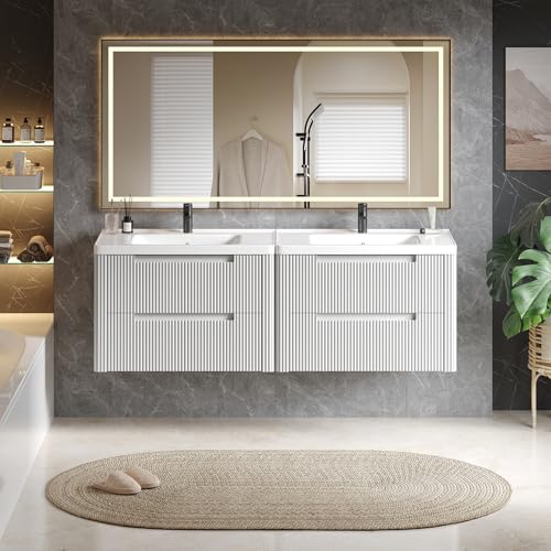 ONBRILL Modern Bathroom Vanity with Sink Combo, Curved Floating Bath Vanity with 2 Drawers, Wall Mount Bathroom Vanities with Integrated Ceramic Sink for Small Space, Apartment (White, 32“) - color: White, size: 32“