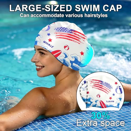 WHALE Extra Large Swim Cap Designed for Men and Women with Thick, Long Hair, Hair Extensions Or Afro-Textured Hair Long-Hair Swim Cap Highly Waterproof to Keep Hair Dry - color: USA Flag Print