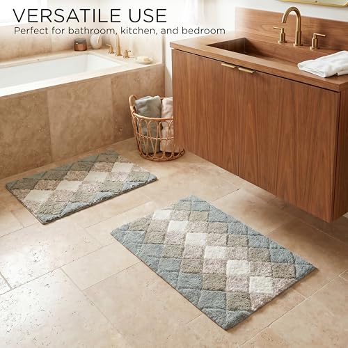 THE BEER VALLEY Set of 2 Albany Bath Rug 21x32/17x24 Inch - Grey Beige | Non Slip Cotton Absorbent Bathmat for Bathroom, Washable Soft Toilet Bathrug - color: Grey Beige