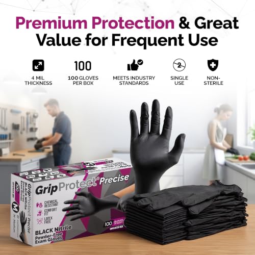 GripProtect® Precise Black Nitrile Gloves, Exam, 4 Mil, Food, Home, Cleaning, Medical/Dental, Tattoo (Medium, 100) - size: Medium (100 Count)