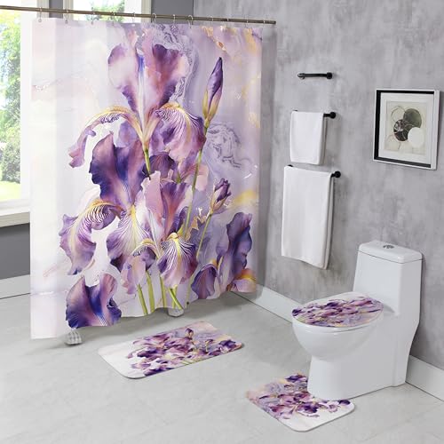 4 Pcs Lavender Watercolor Irises Shower Curtain Sets with Rugs | Purple Botanical Floral Bathroom Set Spring Summer Home Bath Bathtub Decor Durable Curtains Mats for Bathroom 72 In