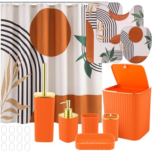 Patelai 10 Pcs Boho Mid Century Bathroom Accessories Set Orange Shower Curtain and Rugs Modern Minimalist Farmhouse Bathroom Decor Trash Can Soap Dish Toilet Lid Cover Toothbrush Holder Cup for Home - color: Orange, style: Boho