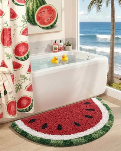 DEXI Bathroom Rugs Half Round 36x20, Cute Fruit Absorbent Bath Mat Non Slip Washable, Extra Soft Plush Microfiber Funny Bathmat for Shower Floor, Tub, Sink, Bedroom, Watermelon - color: Watermelon Slices