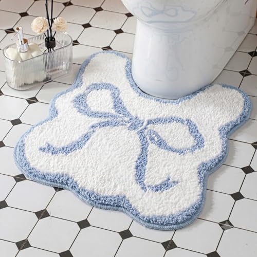 HunnmingRe Blue Bow Bathroom Rug Bow Toilet Rugs 20 x 20 Inches U Shaped Luxury Scalloped Bathroom Decor Non Slip Cute Microfiber Soft Plush Bath Mat Coquette Stuff for Toilet Back to School Shower - color: Blue, size: 20 x 20 Inches