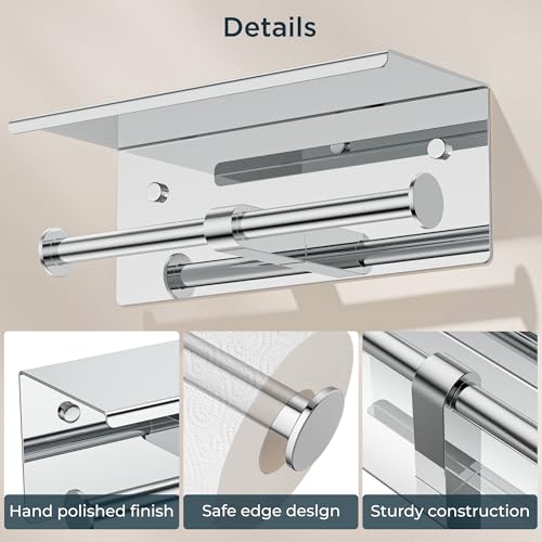 FORIOUS Double Toilet Paper Holder with Shelf, Wall Mount Tissue Roll Holder for Bathroom, 304 Stainless Steel Commercial Toilet Tissue Dispensers with Phone Shelf (1, Chrome) - color: Chrome