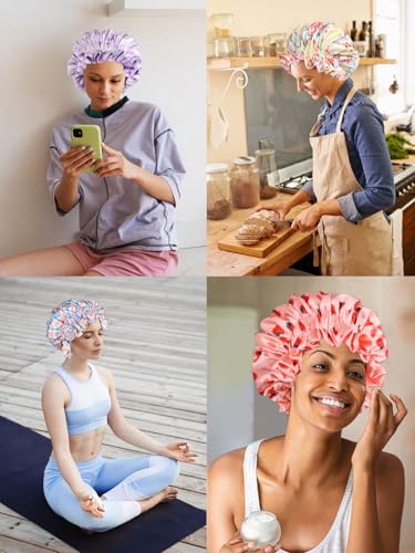 Floral Satin Bonnet with Scrunchie Set,Double Layer Ruffle Reusable Sleeping Shower Cap for Curly Hair Blue-strawberries - color: Blue-strawberries