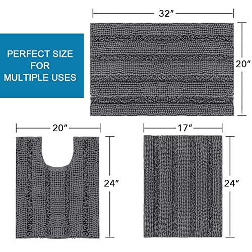 H.VERSAILTEX 3 Piece Bathroom Rugs Sets Thick Striped Bath Rugs Set for Bathroom Non Slip Soft Absorbent Bath Mat Set for Tub, Shower and Toilet(17''x24''+20''x32''+20''x24'' U-Shaped, Grey) - color: Grey