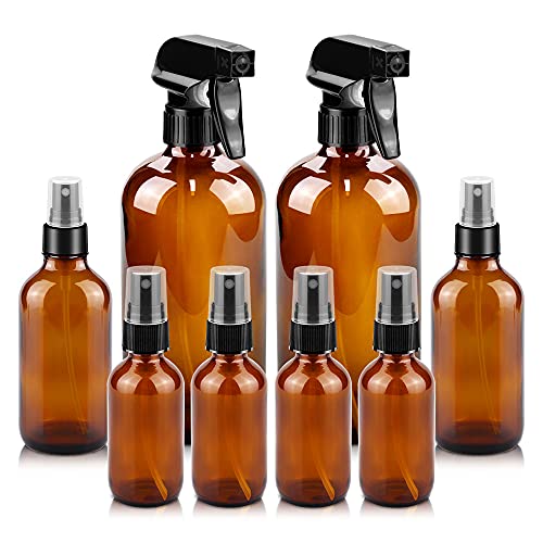 Worldgsb Glass Spray Bottles, 16oz*2+4oz*2+2oz*4 Refillable Containers, Empty Boston Round Bottles with Adjustable Nozzle for Cleaning, Gardening, Aromatherapy, Pets, Plant, Hair -Amber - color: Amber