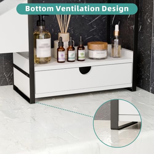 Kottwca 2-Tier Bathroom Counter Organizer with Drawer, Basket & Hooks, Wooden Vanity Shelf for Skincare, Perfume & Makeup Storage(White) - color: White