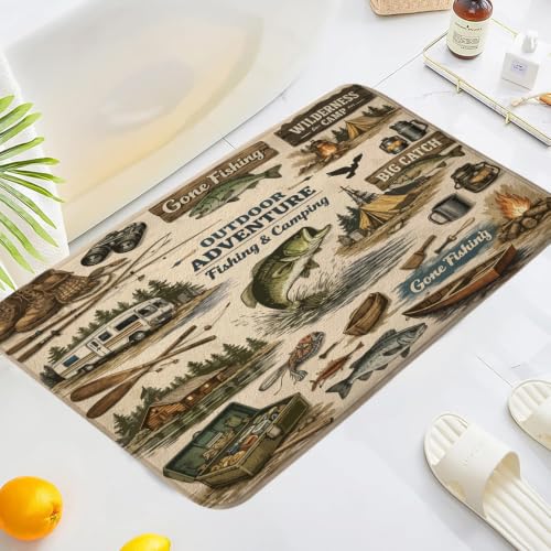 Fishing Bath Rug, Rustic Cabin Fish Retro Hunting Camping Lodge Non Slip Floor Soft Velvet Mat Carpets for Bedroom Kitchen Bathtub Bathroom Toilet 17x29 Inch - color: Tan