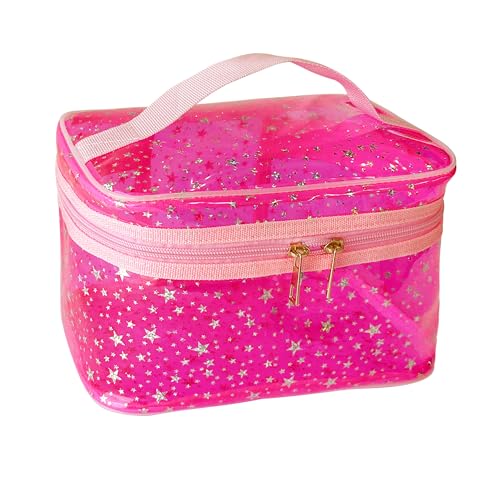 Star Print Pink PVC Makeup Bag with Handle - 8.66 * 5.51 * 5.51 inch,Clear Storage Bag Toiletry Pocket Portable Zippered Pouch Waterproof Cosmetic Organizer Bags for Women (Pink-L) - color: Pink-L