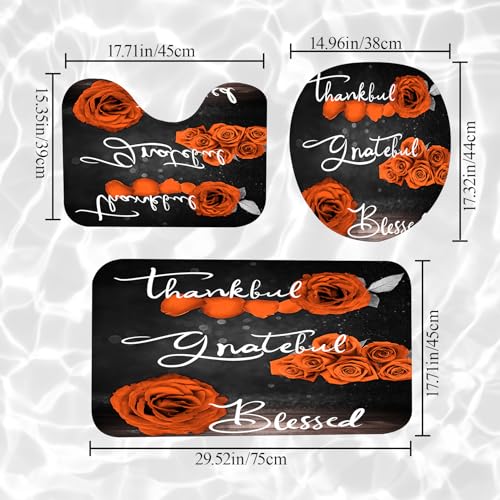 4Pcs Orange Rose Shower Curtain Sets, Thankful Grateful Blessed Bathroom Curtain with Non-slip Rug, Toliet Lid Cover, Bath Mat and 12 Hooks, Juice Flower Romantic Showy Floral Farm Fall Decor for Bath - color: Orange