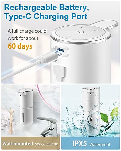Automatic Foaming Soap Dispenser, 4-Level Adjustable Foam, Wall Mount, USB Rechargeable, 12.8oz/380ml, Touchless Hand & Dish Soap Dispenser for Bathroom, Kitchen, Hotel, Restaurant - color: White