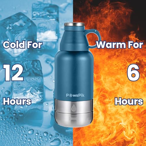 PawsPik 3-in-1 Travel Dog Water Bottle & Bowl Set, 32oz, Blue | Stainless Steel Vacuum-Insulated Bottle with Detachable Food & Water Bowls, Leak-Proof, Keeps Water Cold 12hrs/Hot 6hrs - color: Midnight Summit Blue