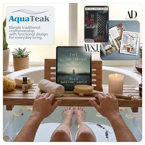 AquaTeak 30" Manada Teak Bathtub Tray Caddy - Durable, Water-Resistant Bath Tray for Tub with Foldable Book & Tablet Stand - Fits Standard Soaking Bathtubs - Bathroom Accessories for Spa