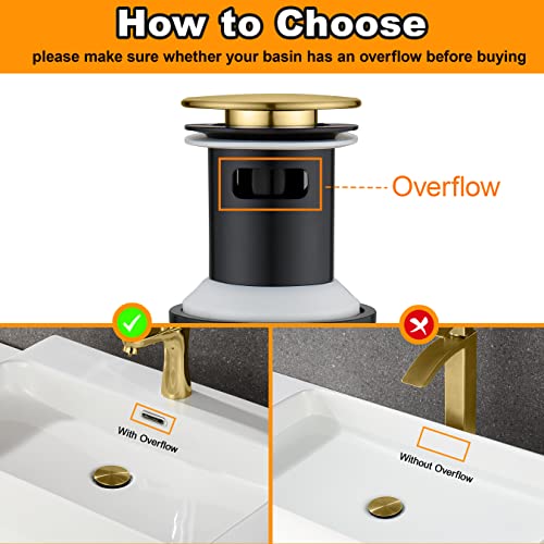 TIORIY Pop up Bahtroom Sink Drain with Overflow, Brushed Gold Vessel Sink Drain for Bathroom Assembly, Anti Clogging Bathroom Sink Stopper, Suit for 1 3/4 Hole - color: With Overflow Brushed Gold