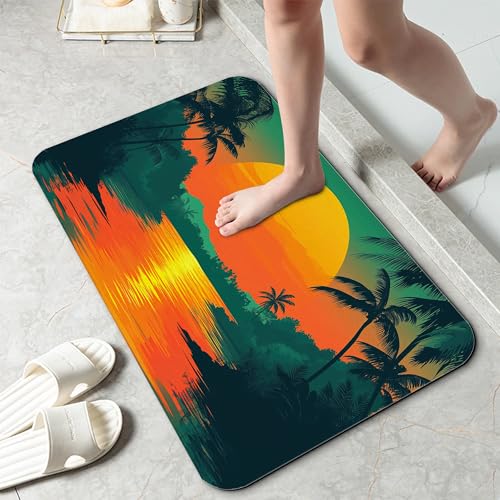 Abstract Nature View Bathroom Rug 29.5"x17", Super Absorbent Fast Drying Bath Mat with Non-Slip Rubber Backing, Thin Low-Profile Easy-Clean Bathroom Floor Mat for Shower or Tub - color: Tropical Sunset Plam