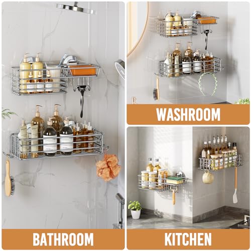 LEVERLOC Shower Caddy Suction Cup, 2 Pack Heavy Duty Bathroom Organizer for Inside Shower with Hooks & Soap holder, Removable and Rustproof Silver bathroom Holder Storage - color: 2 X Silver Basket
