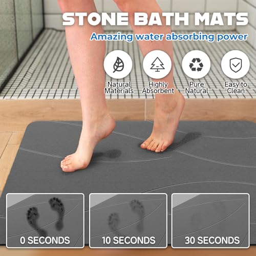 32"x20" Stone Bath Mat, Diatomaceous Earth Shower Mat, Non-Slip Bathroom Floor Mat, Natural, Easy to Clean (Dark Grey)