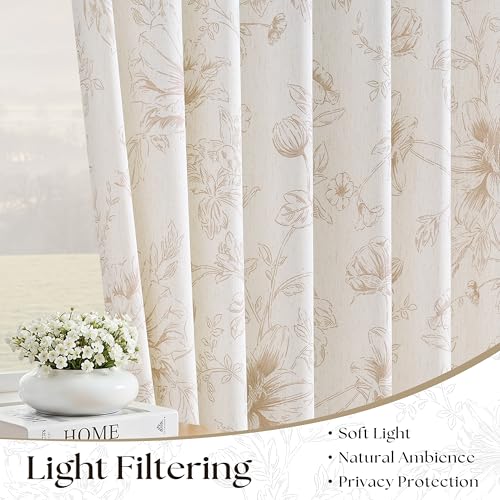 Linen Floral Pleated Curtains 102 Inch Length 2 Panels Farmhouse Natural Country Sketch Flower Patterned Curtains for Living Room Sliding Door Memory Training Back Tab Semi Sheer Printed Drapes - color: Coffee, size: 40"W x 102"L (Pack of 2)
