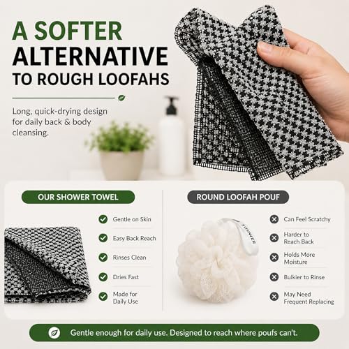 Blissal Exfoliating Towel, Back Scrubber for Shower, Exfoliating Washcloth | Easy Back Reach, Gentle Daily Exfoliation, Quick-Dry Loofah Alternative