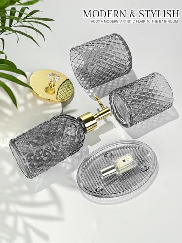 Haturi Gray Glass Bathroom Accessories Set, 4-Piece - Lotion Soap Dispenser, Toothbrush Holder, Cotton Swab Jar & Soap Dish – Elegant Gold Accent for Countertop & Housewarming Gift - style: Smoky Gray