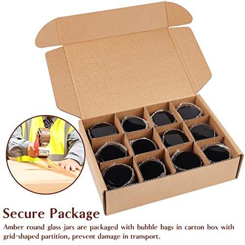 4 Oz Glass Jars with Lids, 12 Pack Thick Amber Glass Jar with Inner Lid and Black Lid, Leakproof Round Airtight Empty Cosmetic Containers for Lotion Cream Body Butter and Candle Making